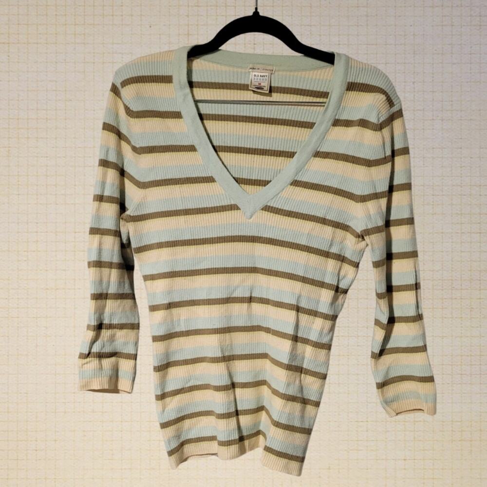 Y2K Pastel Striped Old Navy Ribbed V Neck 3/4 Sleeve Top Medium Cotton Blend M